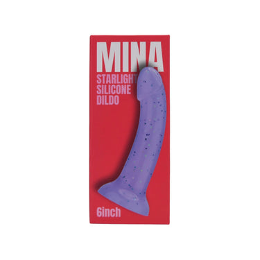 Chic packaging for the Mina Starlight Silicone Dildo, prominently displaying the elegant design and 6 inch length on a rich red background.